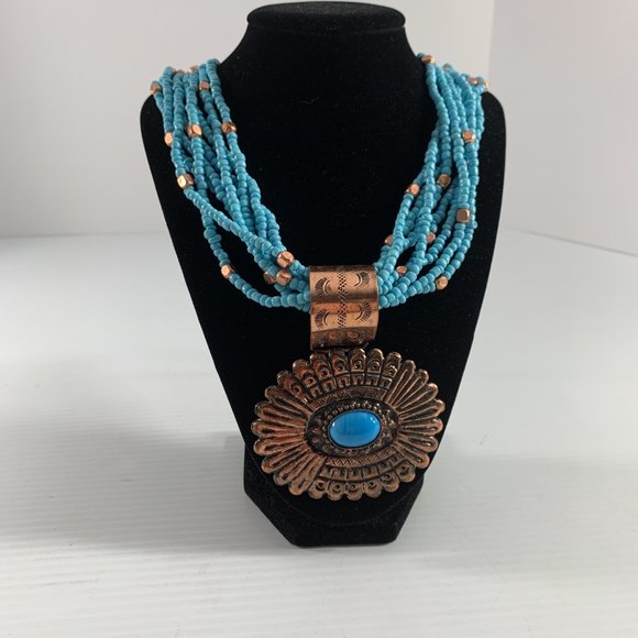 Turquoise Colored Necklace Multistrand Beaded Large Copper Colored Pendant 25" - Picture 2 of 14